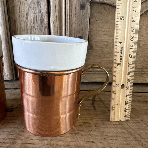 Vintage Set of 2 Copper & Porcelain Coffee Mugs Brass Handles Korea - Picture 9 of 11